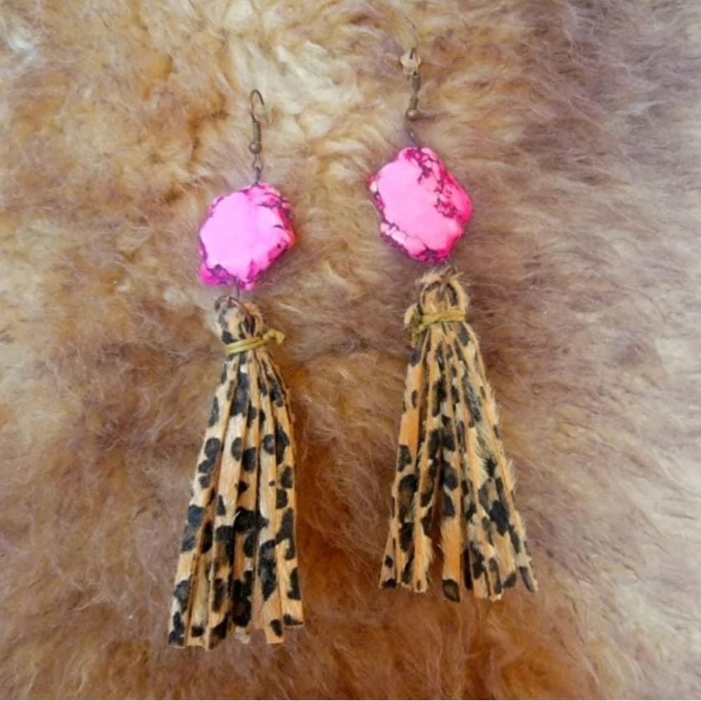 🖤 Pink Stone 🩷 Leopard Fringe 🤎 Western Earrings 🤠